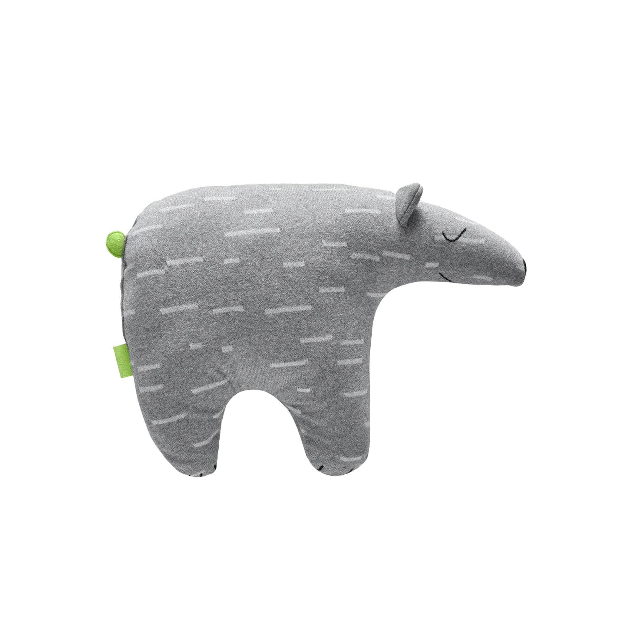 OYOY Knut Polar Bear Cushion in Grey cotton knit with embroidered sleepy face, Nordic bear-shaped pillow.