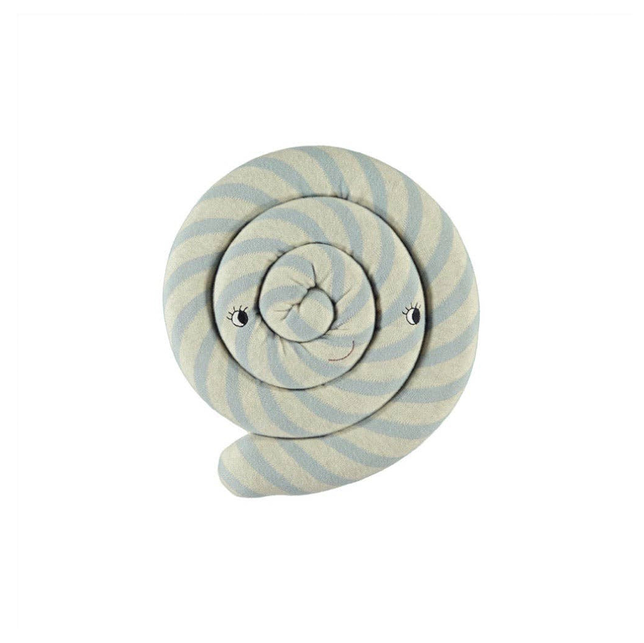 OYOY Lollipop Cushion in blue striped cotton knit with soft filling, candy-shaped pillow for kids’ or adults’ décor.