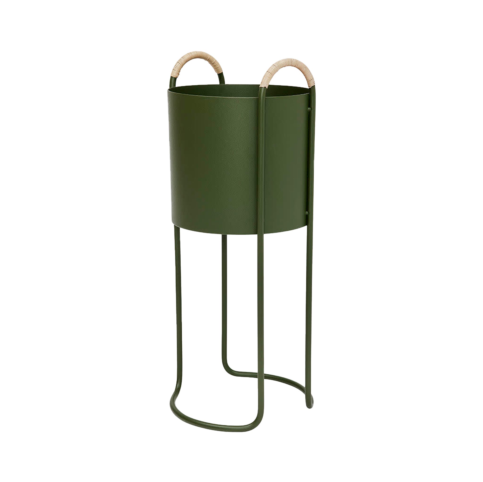 Maki Plant Box in  Olive with rattan handles, shown in High version.
