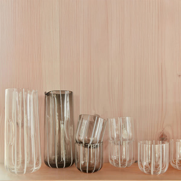 OYOY Living Design Mizu Carafe, tall mouth-blown striped glass, 1 L capacity. Designed in Denmark, perfect with Mizu Glasses.
