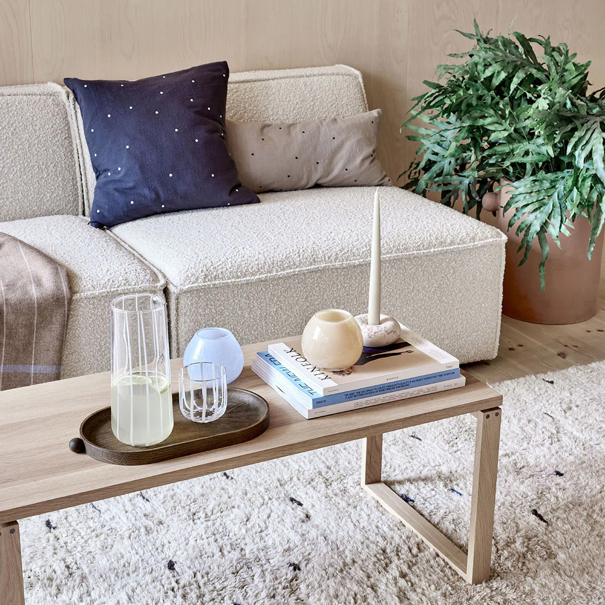 OYOY Living Design Mizu Carafe, tall mouth-blown striped glass, 1 L capacity. Designed in Denmark, perfect with Mizu Glasses.