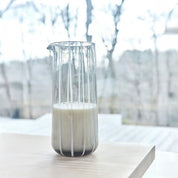 OYOY Living Design Mizu Carafe, tall mouth-blown striped glass, 1 L capacity. Designed in Denmark, perfect with Mizu Glasses.