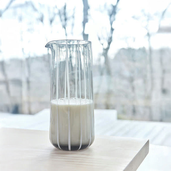 OYOY Living Design Mizu Carafe, tall mouth-blown striped glass, 1 L capacity. Designed in Denmark, perfect with Mizu Glasses.