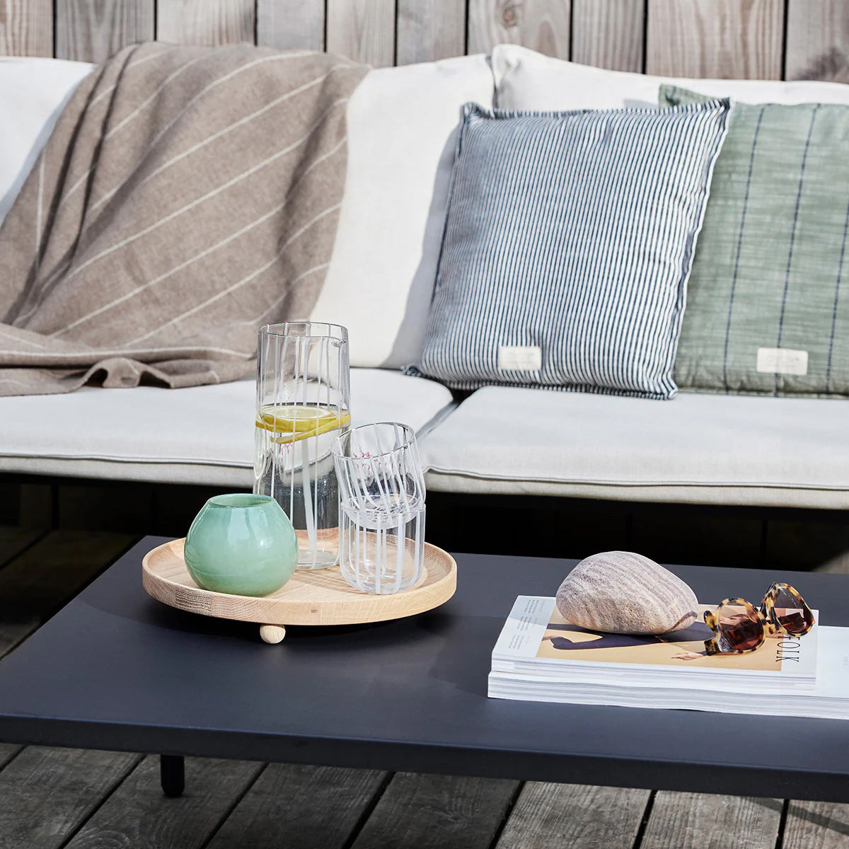 OYOY Living Design Mizu Glass Set of 2 and Carafe, clear mouth-blown striped glassware, 320 ml. Dishwasher safe.