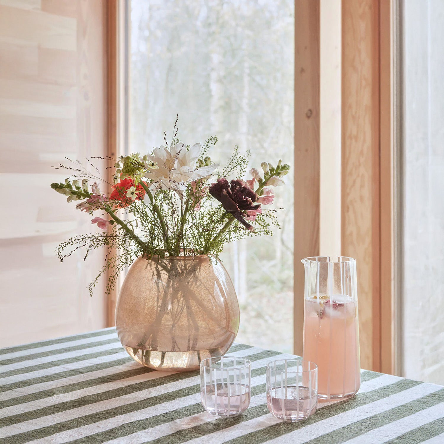 OYOY Living Design Mizu Glass Set of 2 and Carafe, clear mouth-blown striped glassware, 320 ml. Dishwasher safe.