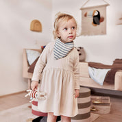 OYOY Musetti Mouse Rattle — Knitted cream-and-rust striped mouse rattle with large ears, cotton body, and recycled filling — eco-friendly baby toy for play and snuggles.