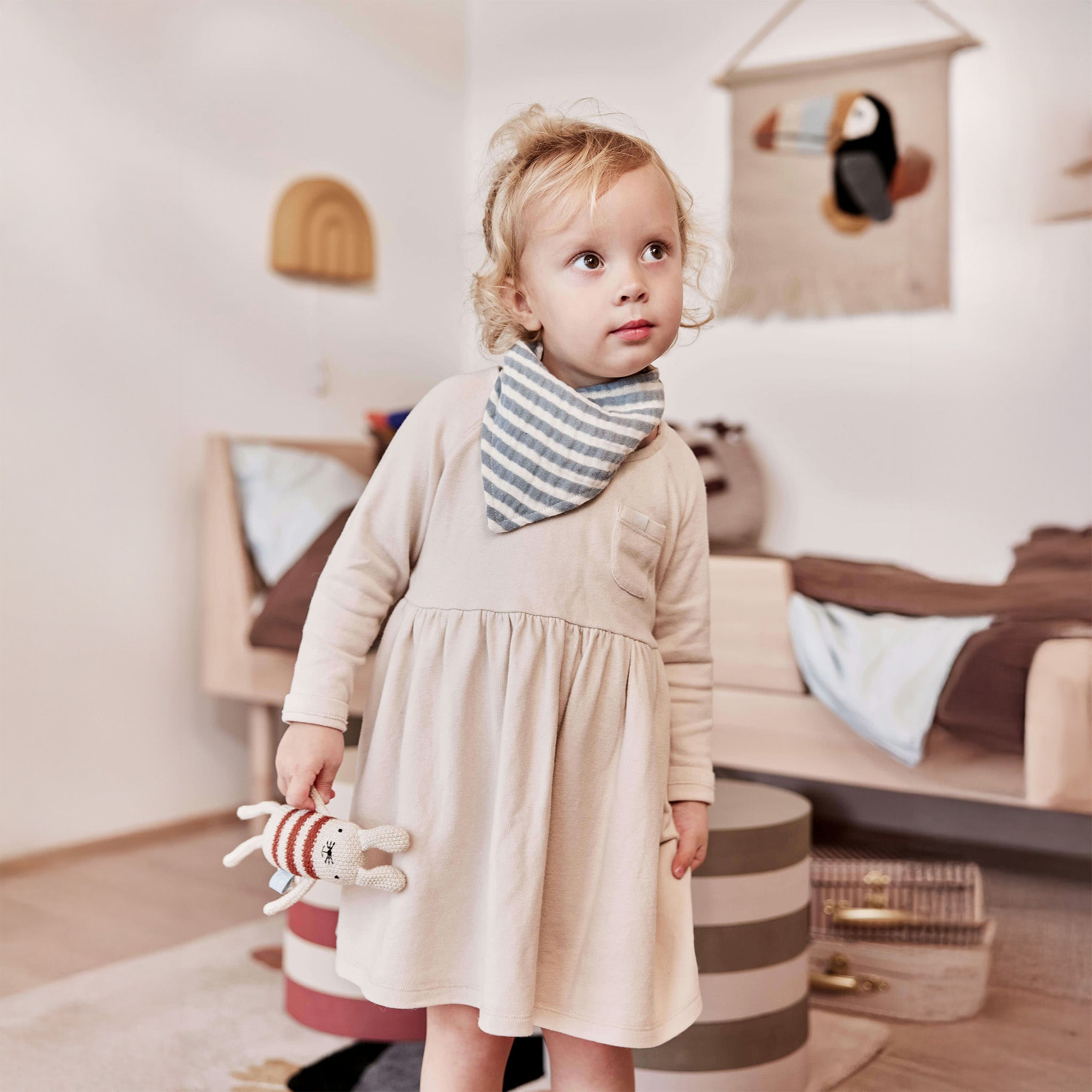 OYOY Musetti Mouse Rattle — Knitted cream-and-rust striped mouse rattle with large ears, cotton body, and recycled filling — eco-friendly baby toy for play and snuggles.