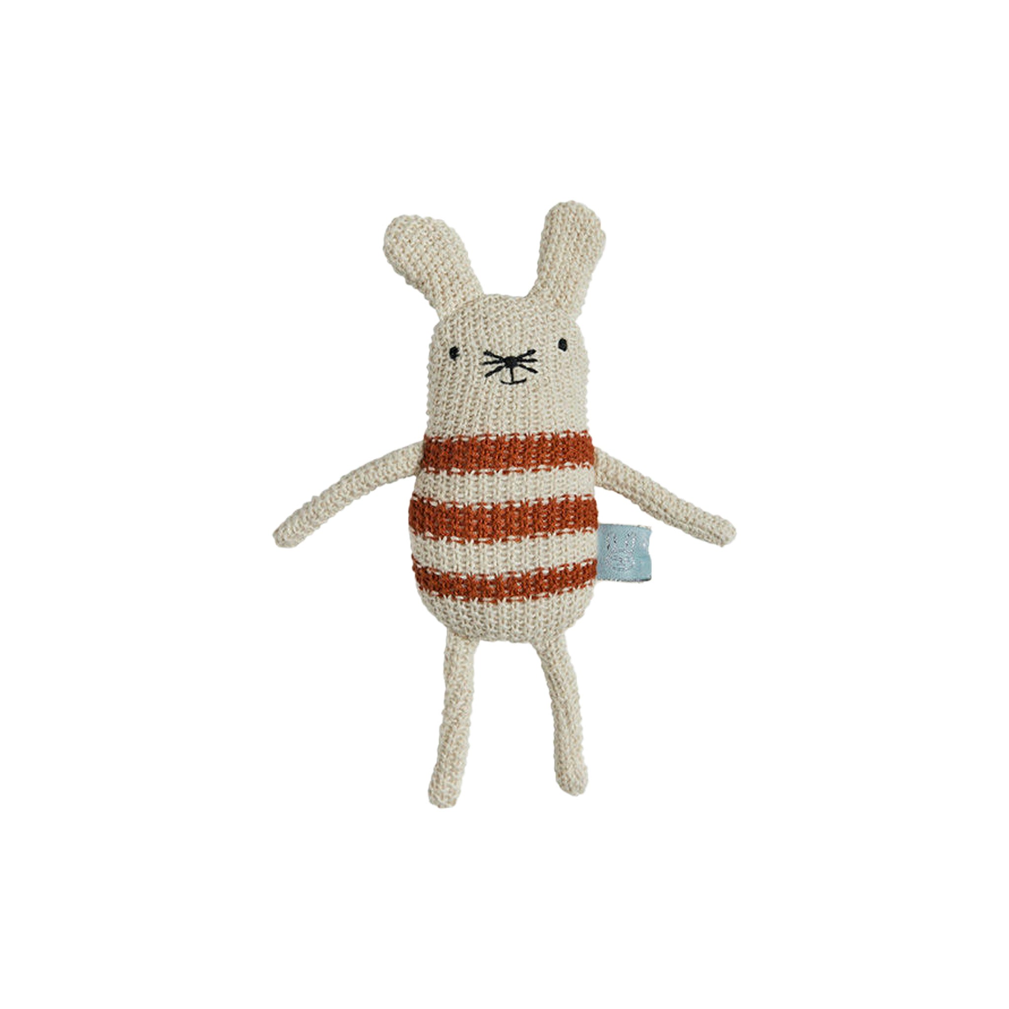 OYOY Musetti Mouse Rattle — Knitted cream-and-rust striped mouse rattle with large ears, cotton body, and recycled filling — eco-friendly baby toy for play and snuggles.