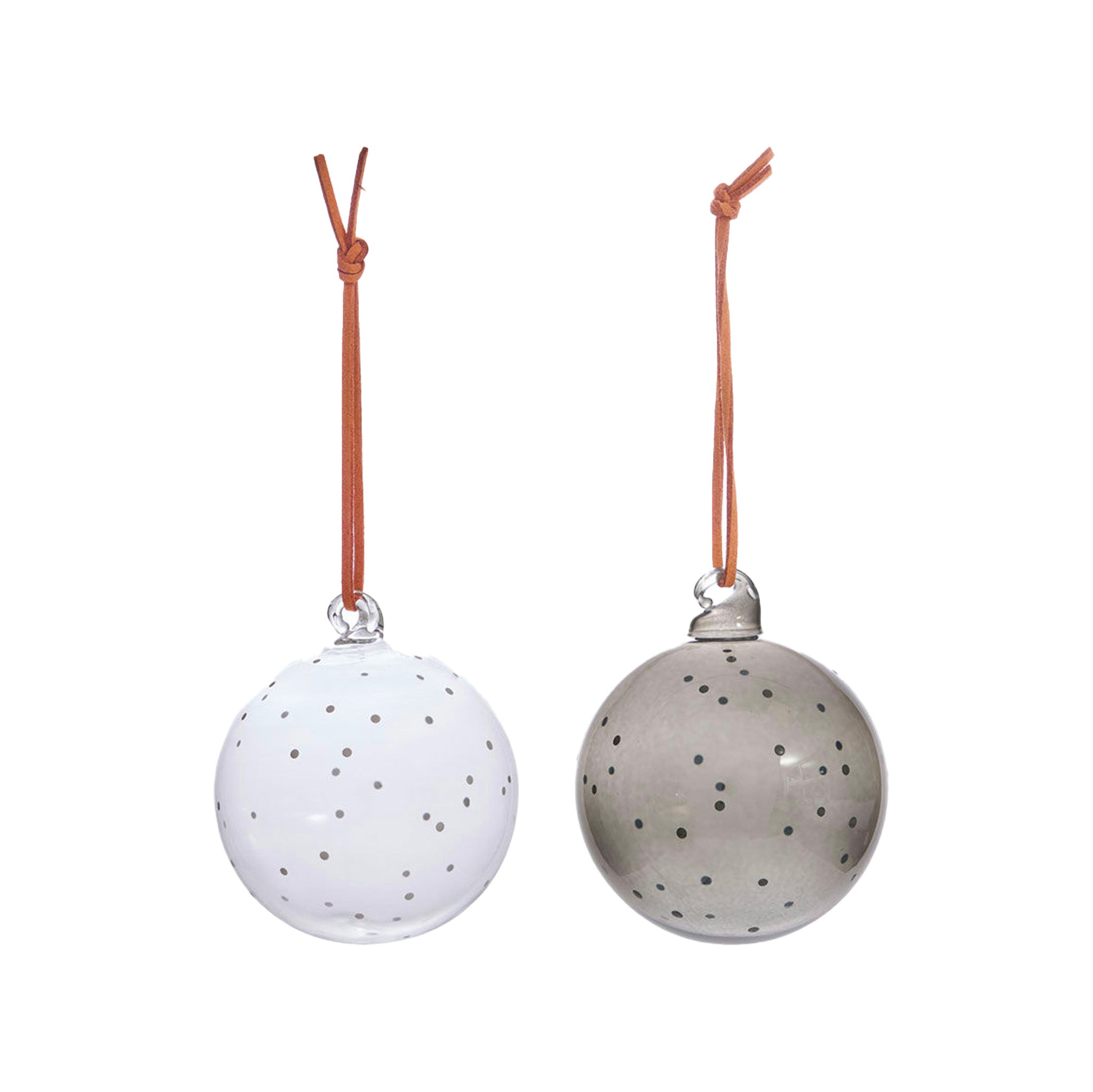 Natale Dots Glass Ball Set by OYOY Living Design — pair of mouth-blown dotted glass ornaments in Clear + Green or Clear + Nutmeg with leather loops.