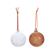 Natale Dots Glass Ball Set by OYOY Living Design — pair of mouth-blown dotted glass ornaments in Clear + Green or Clear + Nutmeg with leather loops.