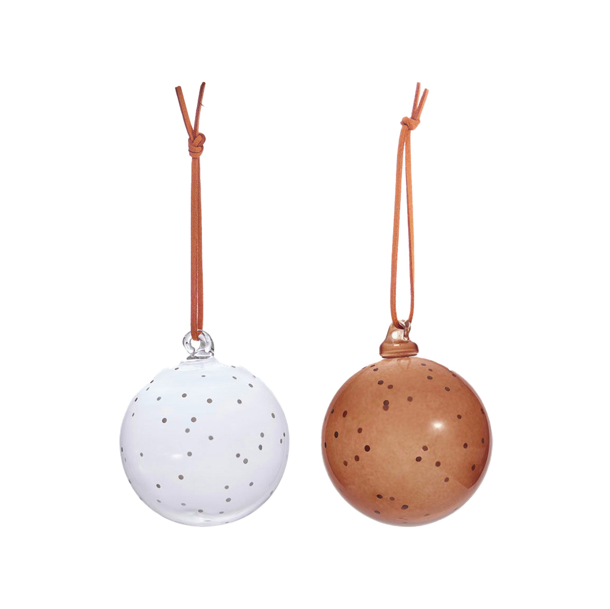 Natale Dots Glass Ball Set by OYOY Living Design — pair of mouth-blown dotted glass ornaments in Clear + Green or Clear + Nutmeg with leather loops.