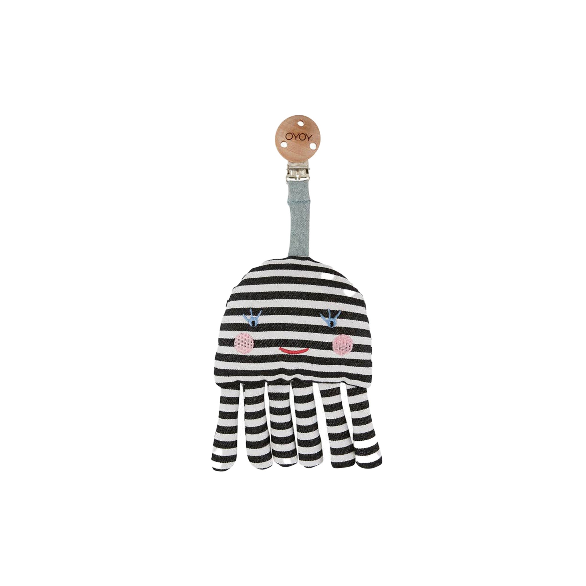 OYOY Octopus Baby Carrier Clip in organic cotton, black-and-white striped octopus with embroidered face and wooden logo clip.