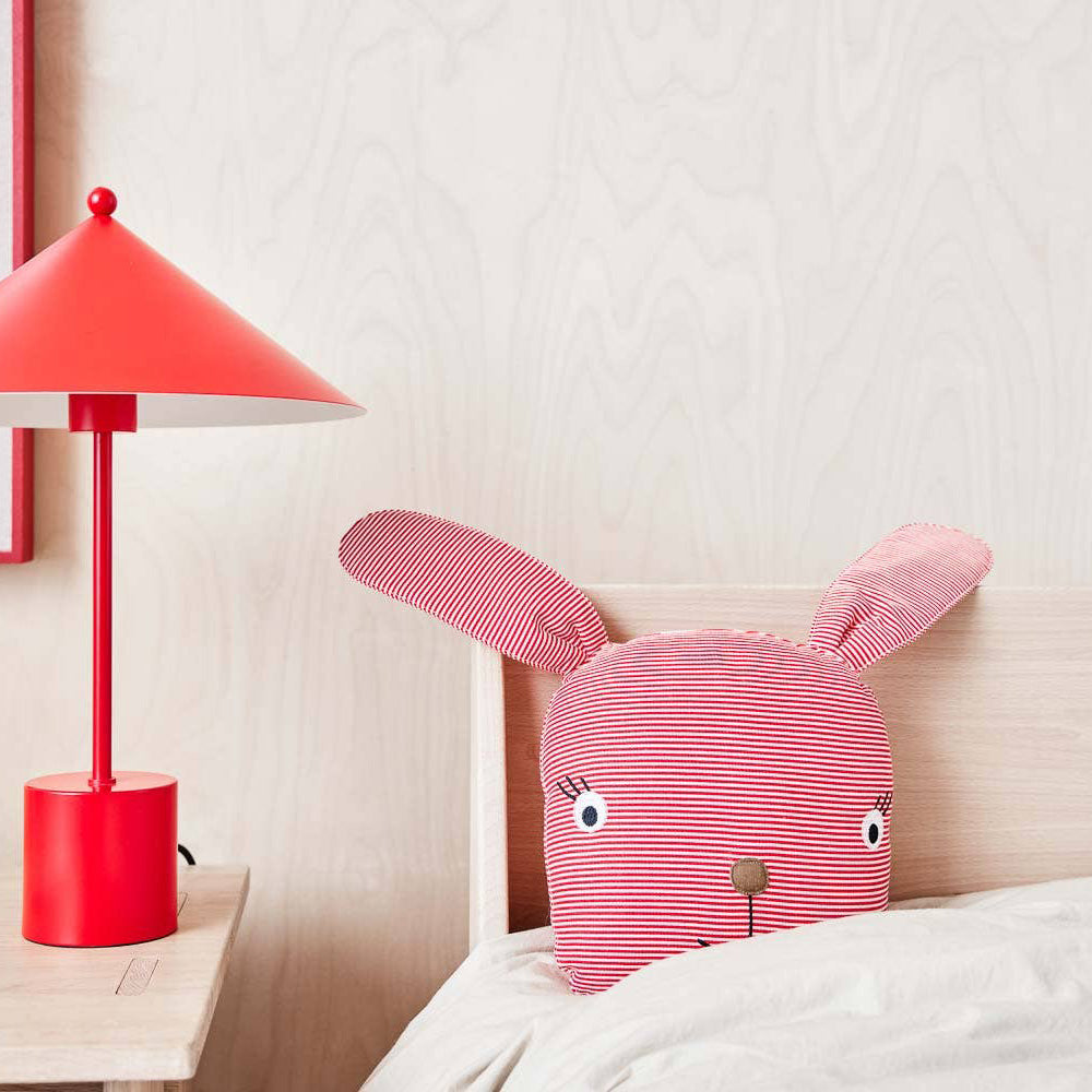 OYOY Rosy Rabbit Cushion in denim-style organic cotton, soft bunny pillow for kids’ rooms or playful adult spaces.