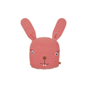 OYOY Rosy Rabbit Cushion in denim-style organic cotton, soft bunny pillow for kids’ rooms or playful adult spaces.
