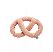 OYOY Sweet Pretzel Cushion in caramel cotton knit with dotted design, cuddly pretzel pillow for kids or adults.