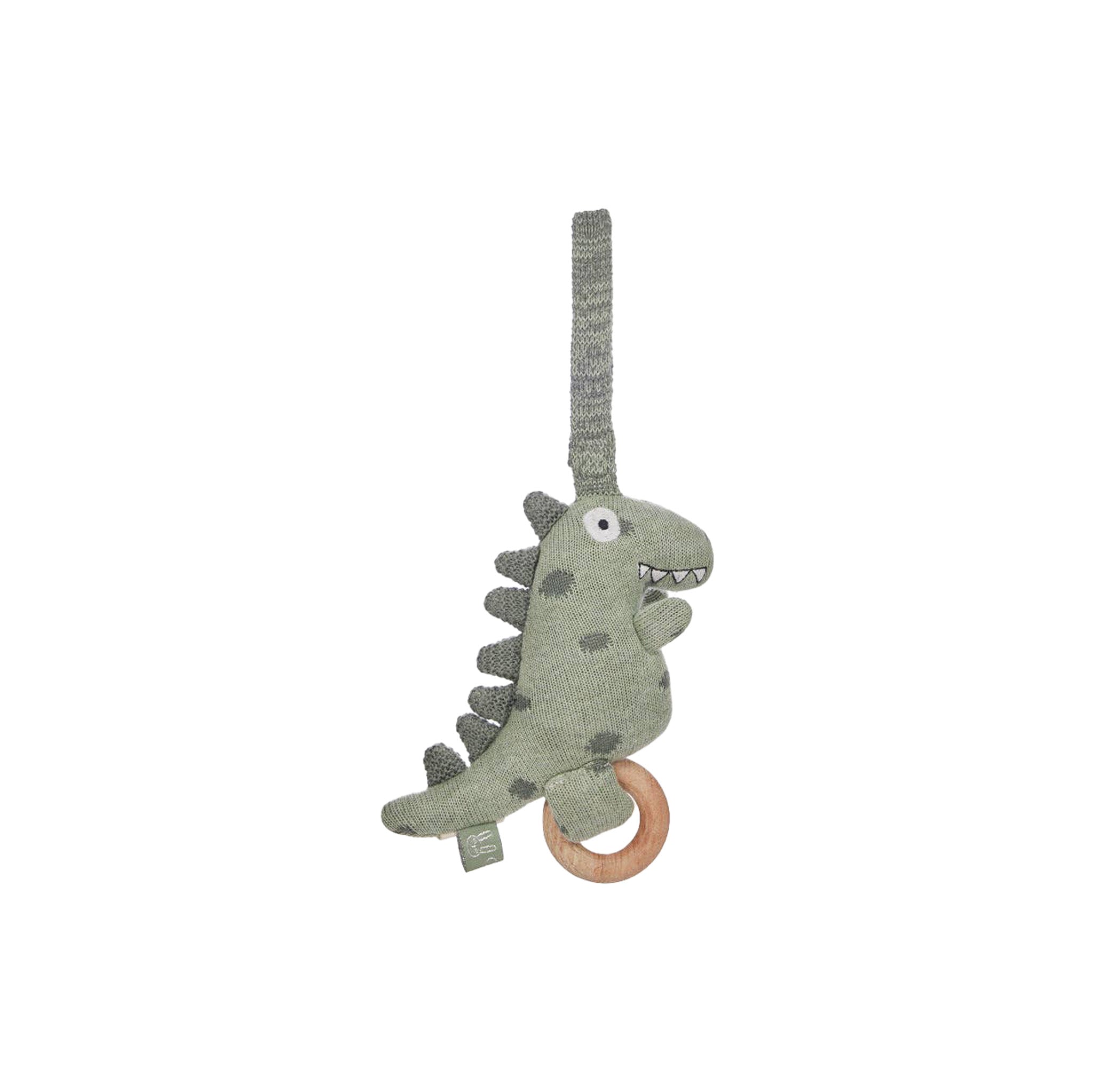 OYOY Theo Dino Music Mobile, cotton dinosaur baby mobile with wooden ring that plays lullabies.