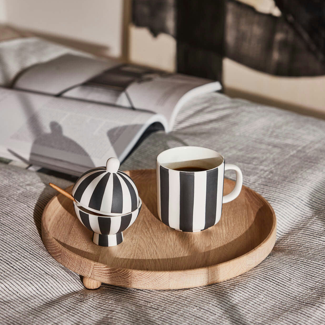 Toppu Mug by OYOY Living Design in hand-painted stoneware stripes, handmade and dishwasher safe, available in multiple colors.