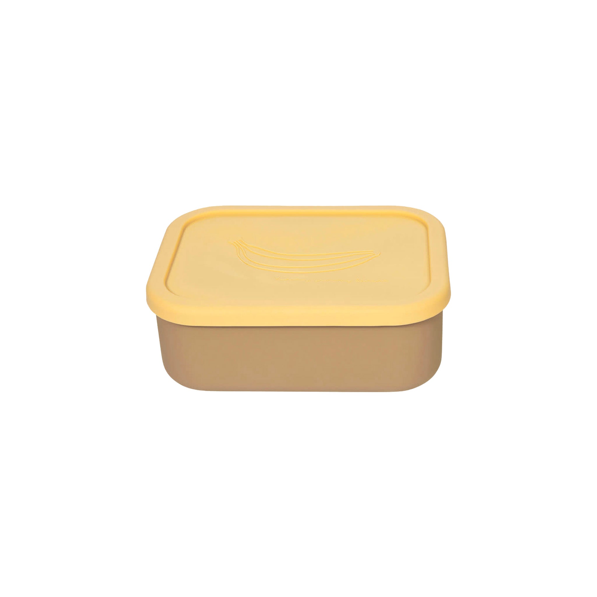 OYOY Yummy Lunch Box in Camel/Yellow silicone with Yummy print, three compartments for snacks and lunches.