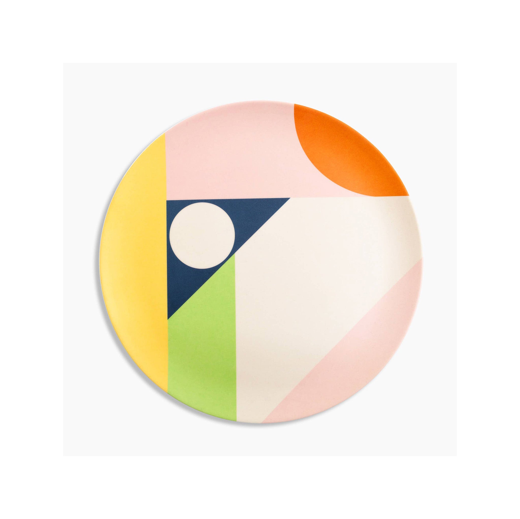 Poketo Bamboo Dinner Plates in Planes print, set of 4 reusable bamboo fiber plates. Colorful geometric eco-friendly plates, durable and dishwasher safe.