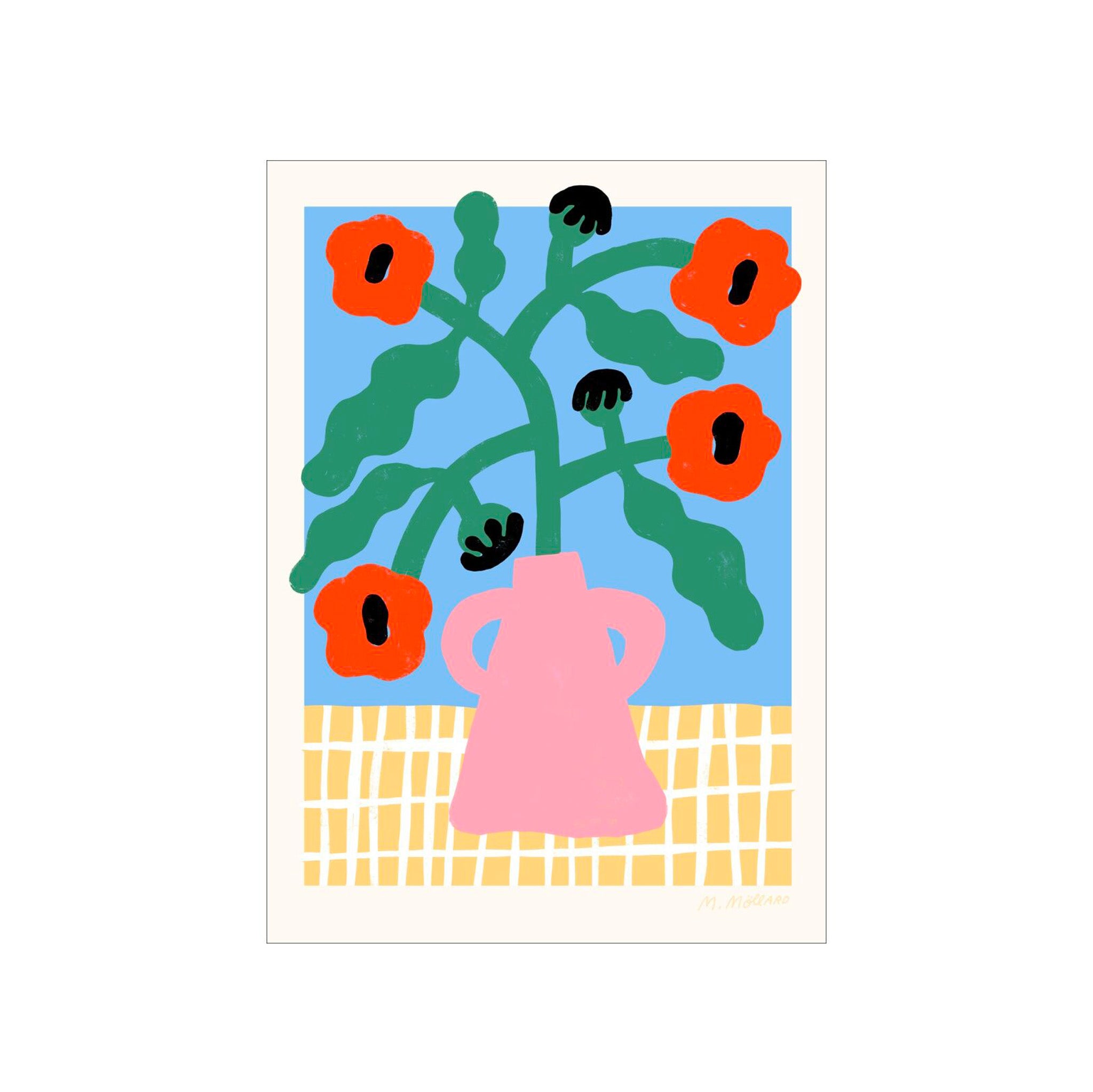 Madelen Möllard Red Poppies in Pink Vase, 50 × 70 cm Scandinavian art print of bold red poppies in a soft pink vase.