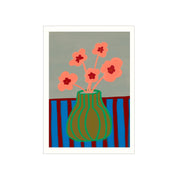 Poster & Frame Striped Vase with Pink Flowers Poster by Engberg Studio. 50 × 70 cm Scandinavian art print of bold striped vase topped with playful pink flowers.