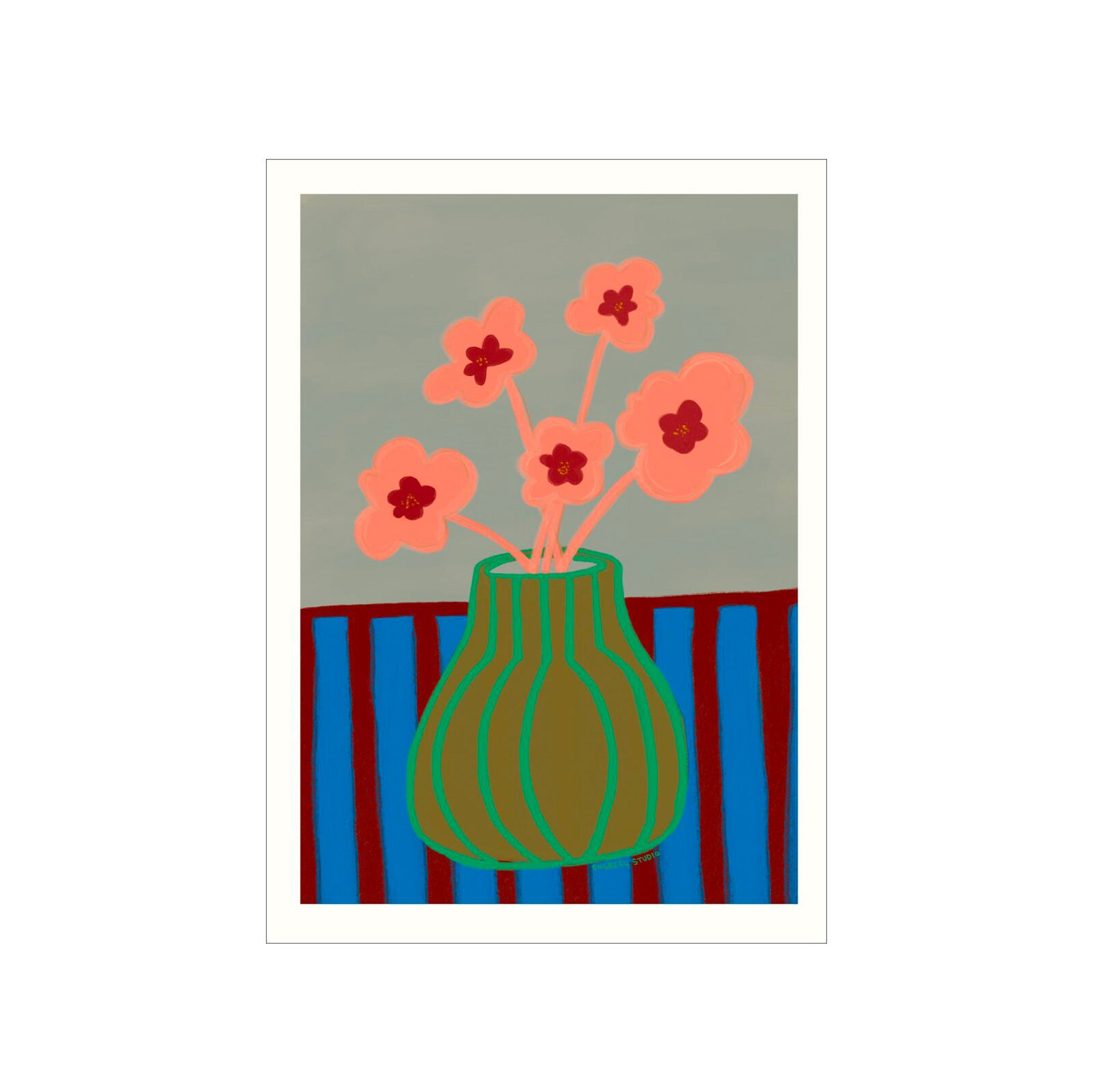 Poster & Frame Striped Vase with Pink Flowers Poster by Engberg Studio. 50 × 70 cm Scandinavian art print of bold striped vase topped with playful pink flowers.