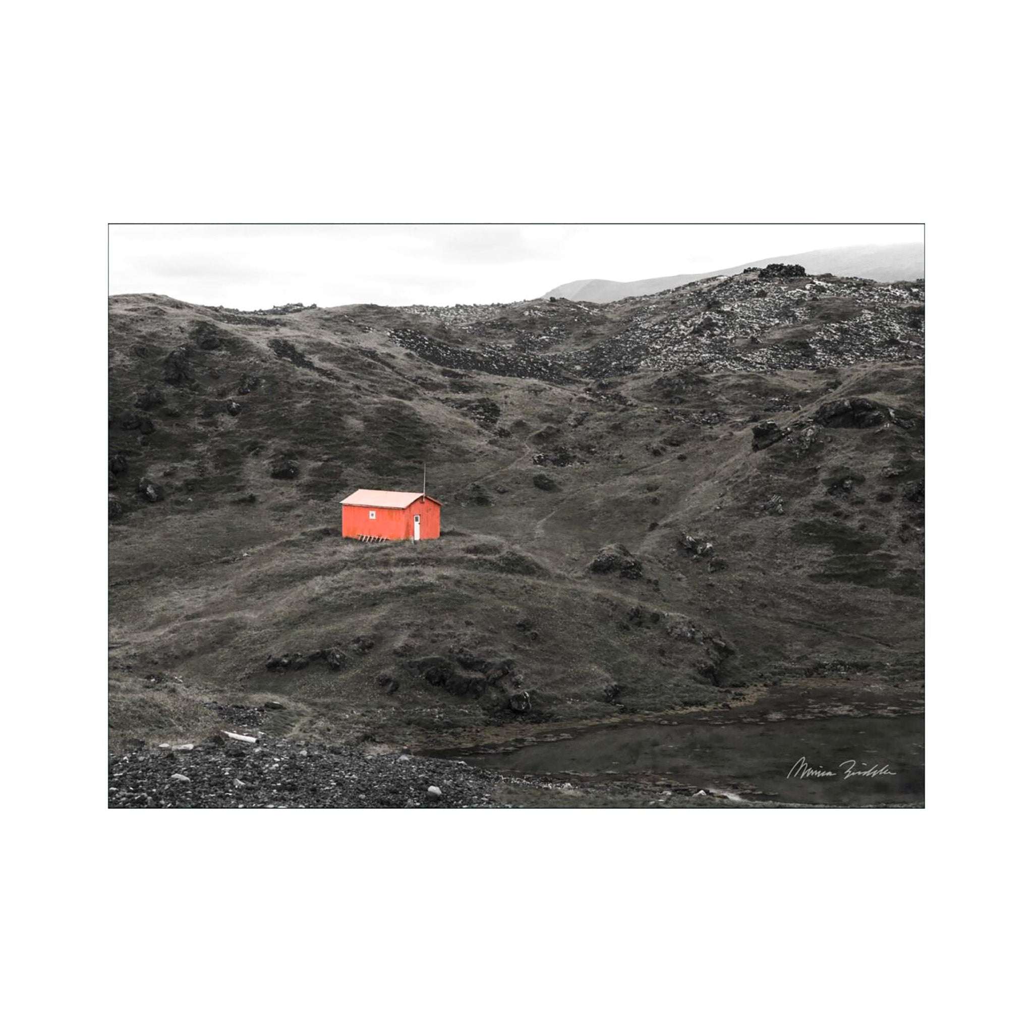 Poster & Frame The Orange House Poster by Monica Bindslev. 50 × 70 cm Scandinavian art print featuring bold orange house design. Rolled, unframed print.