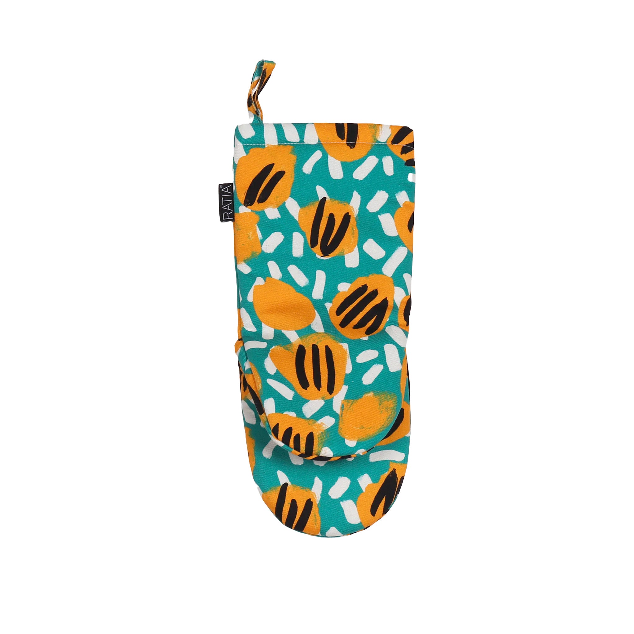 RATIA Esikko Oven Mitt in Green and Yellow floral print, cotton with padded polyester fill. Made in Portugal.