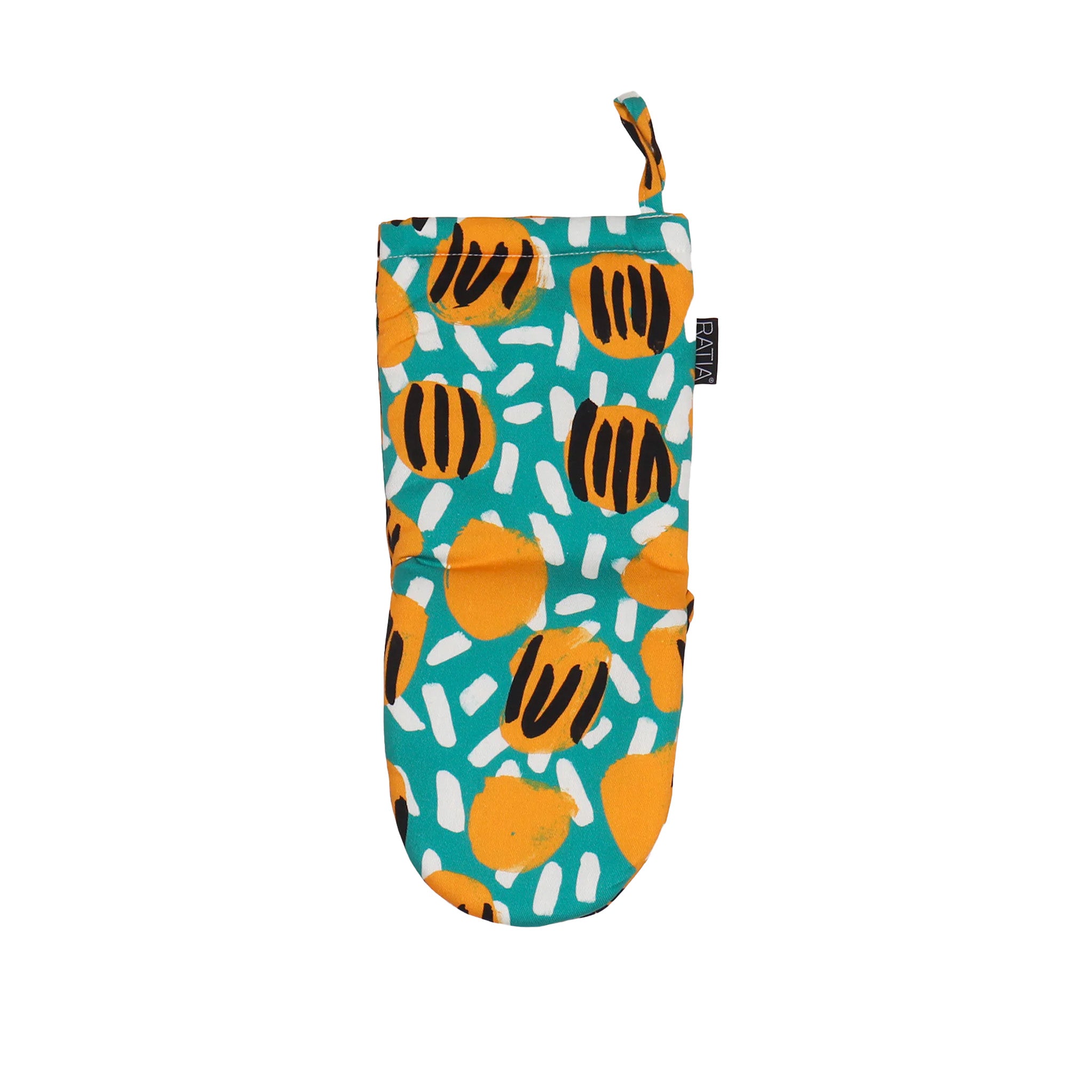 RATIA Esikko Oven Mitt in Green and Yellow floral print, cotton with padded polyester fill. Made in Portugal.
