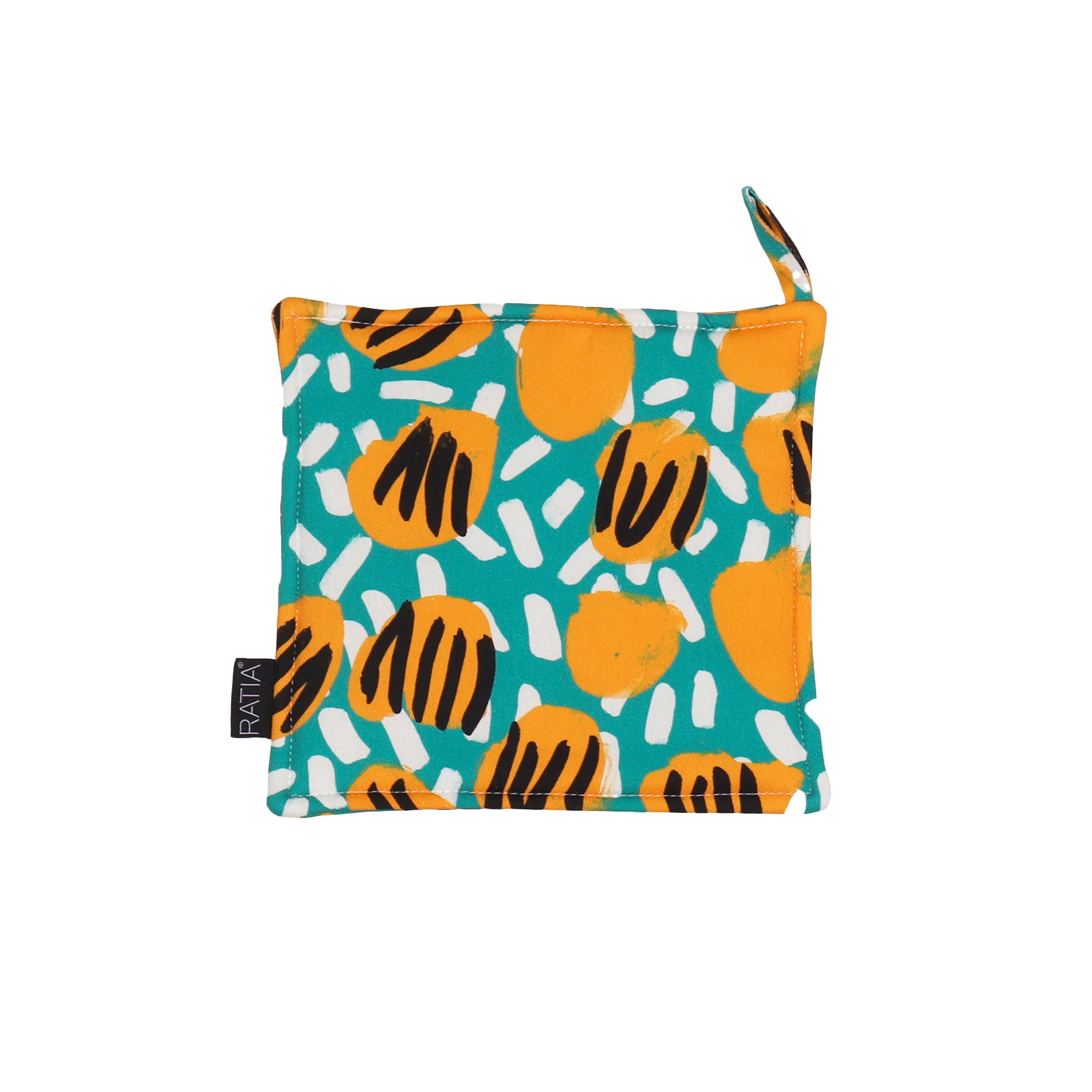 RATIA Esikko Potholder in Green and Yellow floral print, cotton with padded polyester fill. Made in Portugal.