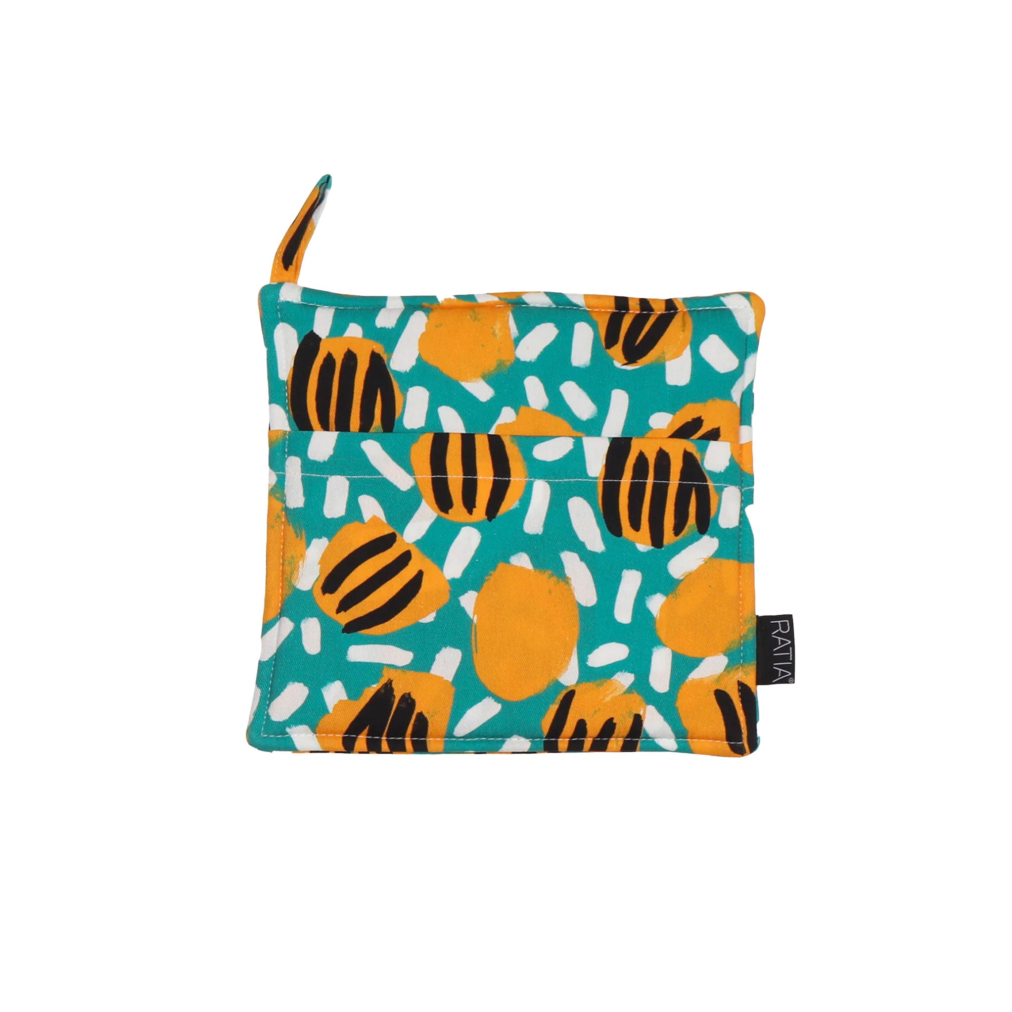 RATIA Esikko Potholder in Green and Yellow floral print, cotton with padded polyester fill. Made in Portugal.