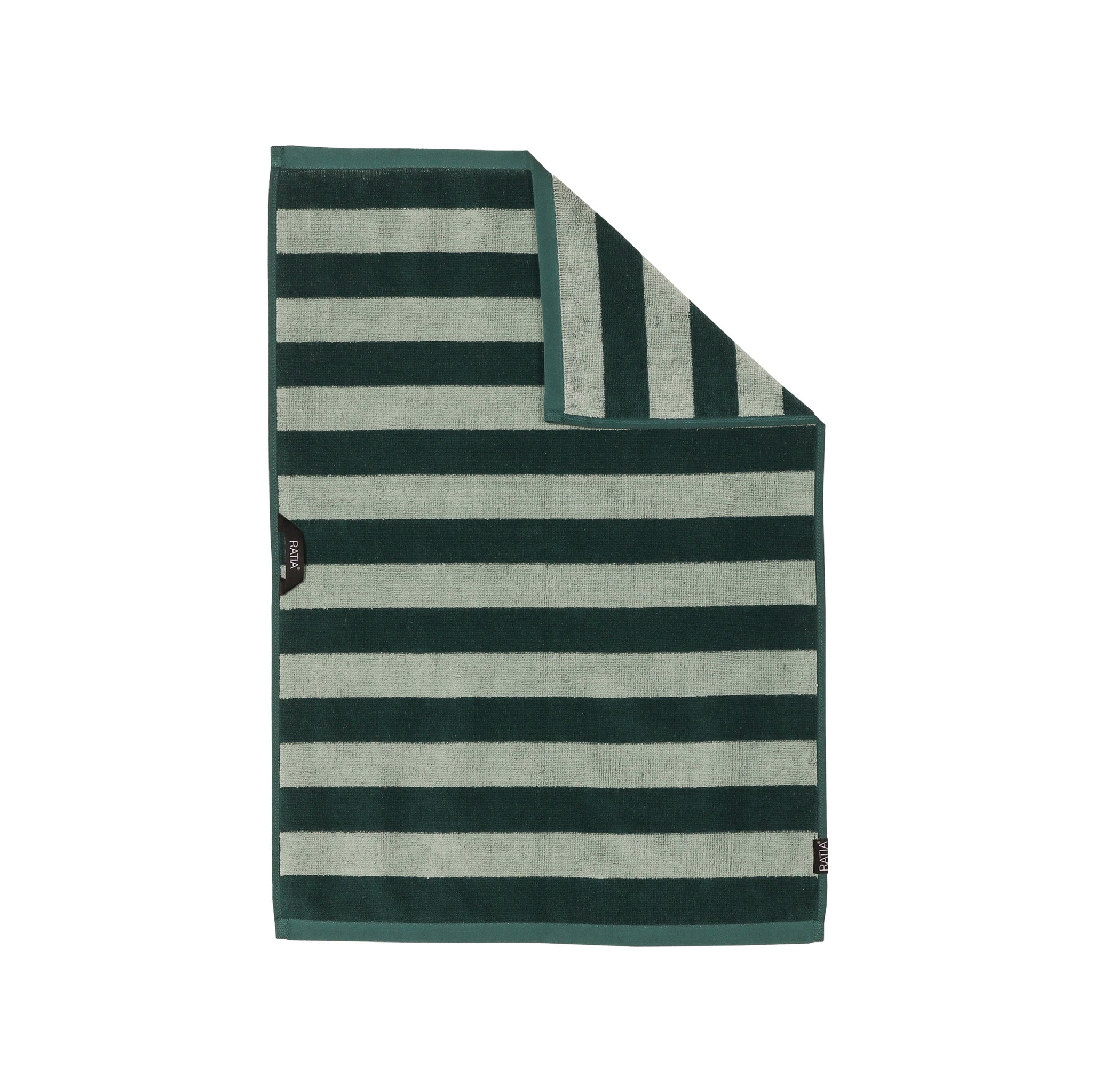 RATIA Stripe Hand Towel in two shades of green, 50 × 70 cm, 100% cotton—pairs with RATIA striped bathrobe.