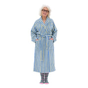 RATIA Unisex Striped Bathrobe in grey green/crisp blue terry cotton blend with belt, raglan sleeves, and pockets. Scandinavian unisex bathrobe, available in S/M and L/XL, made in Portugal.