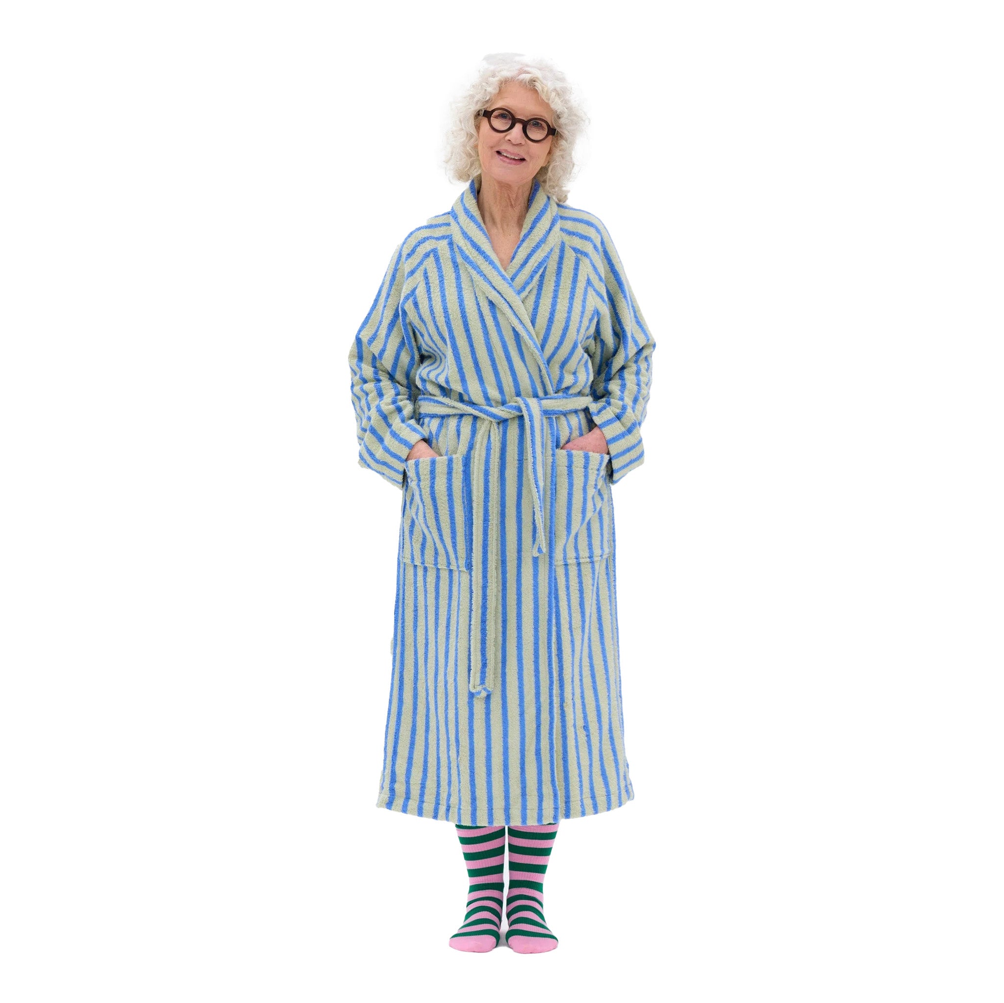 RATIA Unisex Striped Bathrobe in grey green/crisp blue terry cotton blend with belt, raglan sleeves, and pockets. Scandinavian unisex bathrobe, available in S/M and L/XL, made in Portugal.