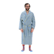 RATIA Unisex Striped Bathrobe in grey green/crisp blue terry cotton blend with belt, raglan sleeves, and pockets. Scandinavian unisex bathrobe, available in S/M and L/XL, made in Portugal.