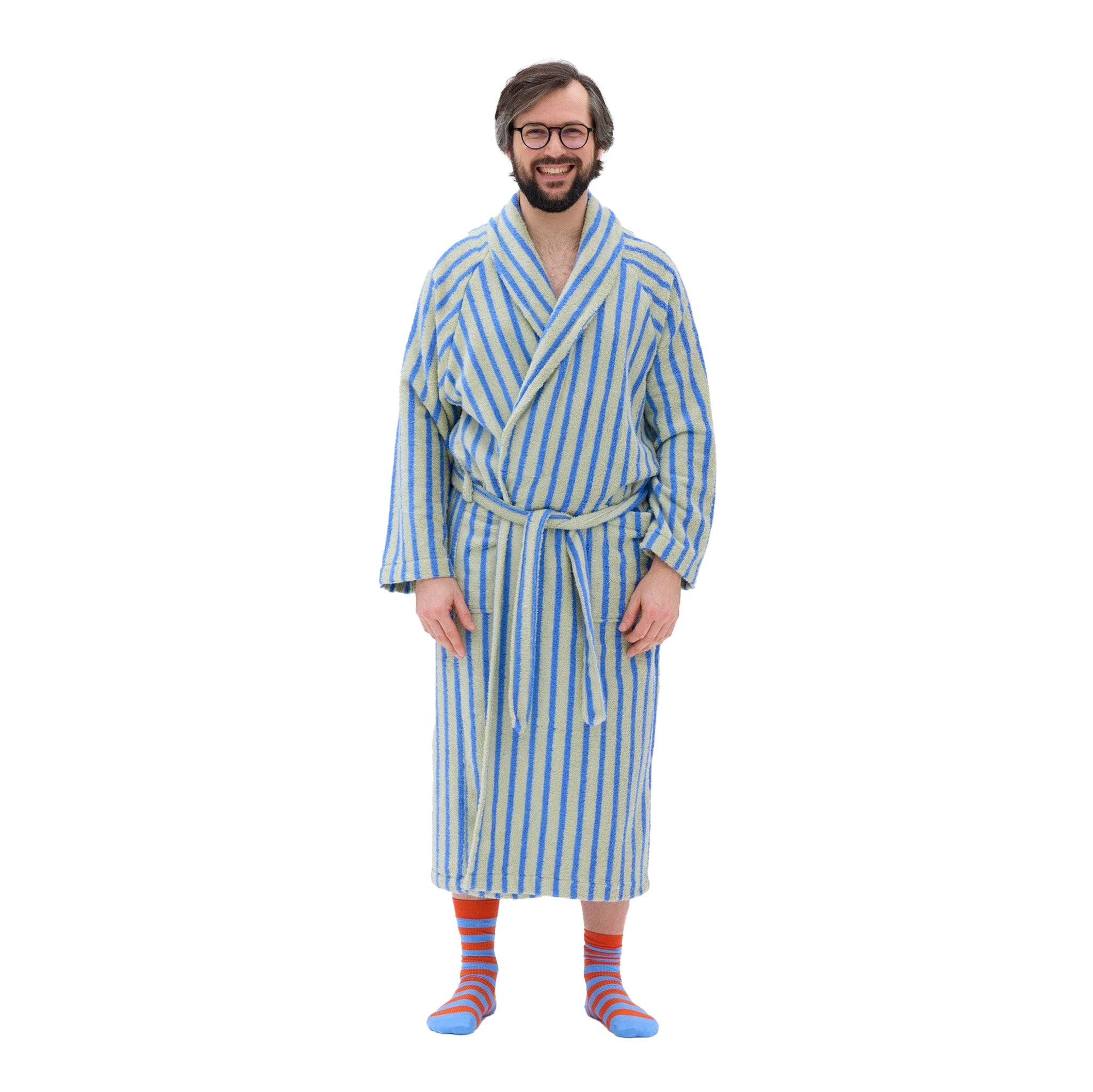 RATIA Unisex Striped Bathrobe in grey green/crisp blue terry cotton blend with belt, raglan sleeves, and pockets. Scandinavian unisex bathrobe, available in S/M and L/XL, made in Portugal.