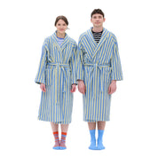 RATIA Unisex Striped Bathrobe in grey green/crisp blue terry cotton blend with belt, raglan sleeves, and pockets. Scandinavian unisex bathrobe, available in S/M and L/XL, made in Portugal.