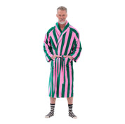 RATIA Unisex Striped Bathrobe in rose/green cotton terry blend with belt, raglan sleeves, and pockets. Scandinavian unisex bathrobe in S/M and L/XL, made in Portugal.