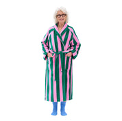 RATIA Unisex Striped Bathrobe in rose/green cotton terry blend with belt, raglan sleeves, and pockets. Scandinavian unisex bathrobe in S/M and L/XL, made in Portugal.