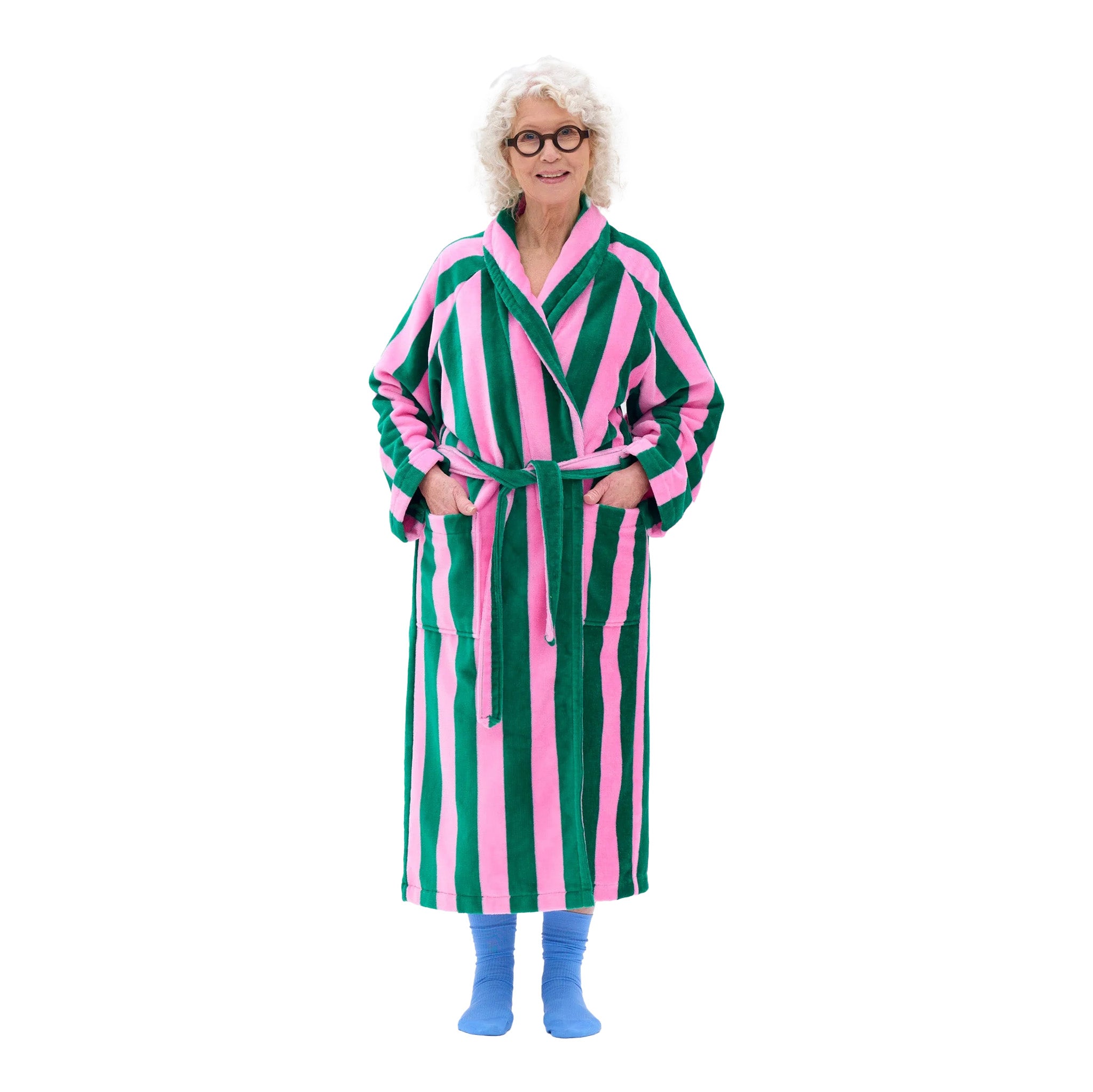RATIA Unisex Striped Bathrobe in rose/green cotton terry blend with belt, raglan sleeves, and pockets. Scandinavian unisex bathrobe in S/M and L/XL, made in Portugal.