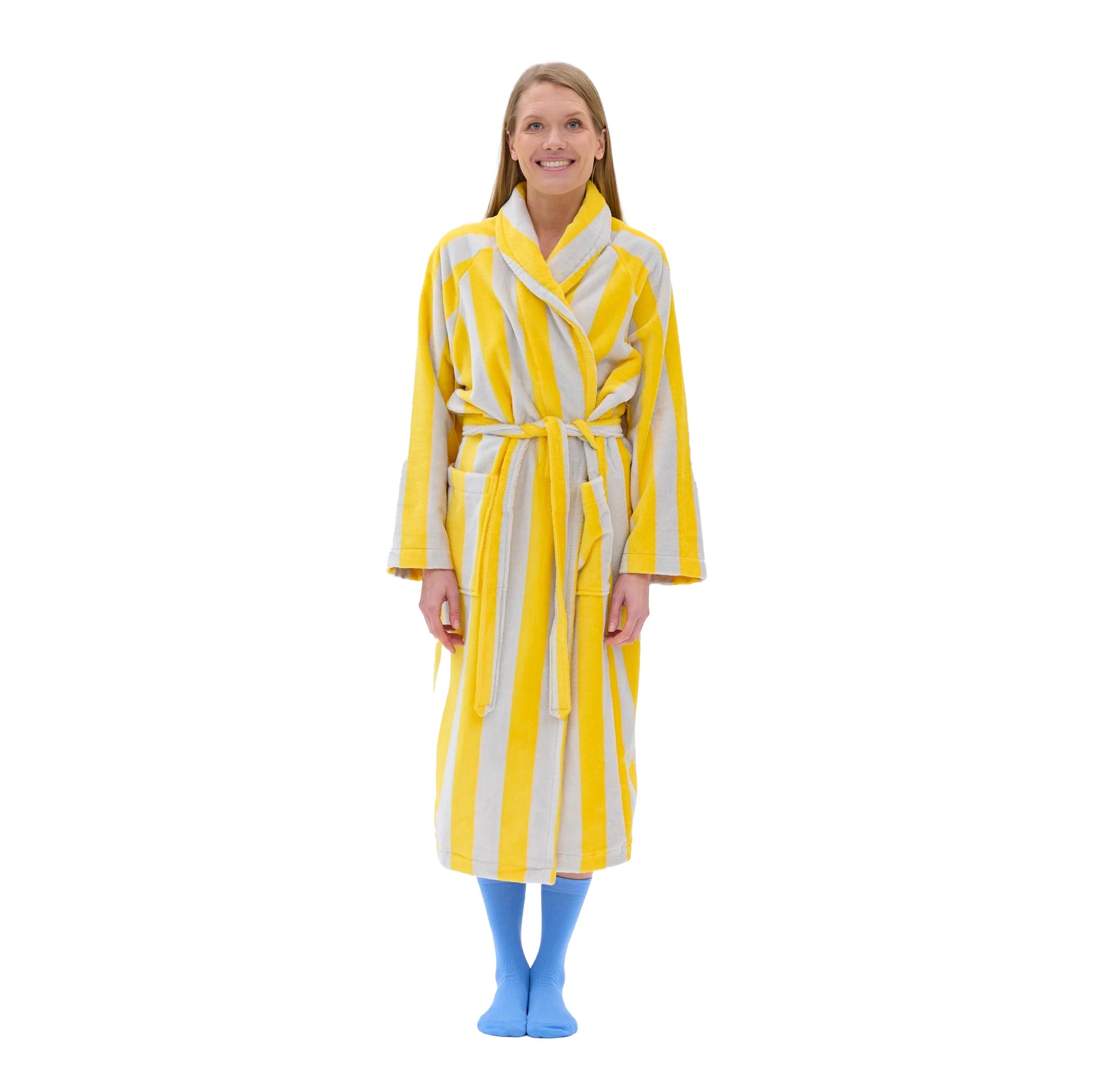RATIA Unisex Striped Bathrobe in warm yellow/light grey terry cotton blend with belt, raglan sleeves, and pockets. Scandinavian unisex bathrobe, available in S/M and L/XL, made in Portugal.