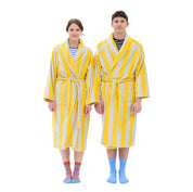 RATIA Unisex Striped Bathrobe in warm yellow/light grey terry cotton blend with belt, raglan sleeves, and pockets. Scandinavian unisex bathrobe, available in S/M and L/XL, made in Portugal.