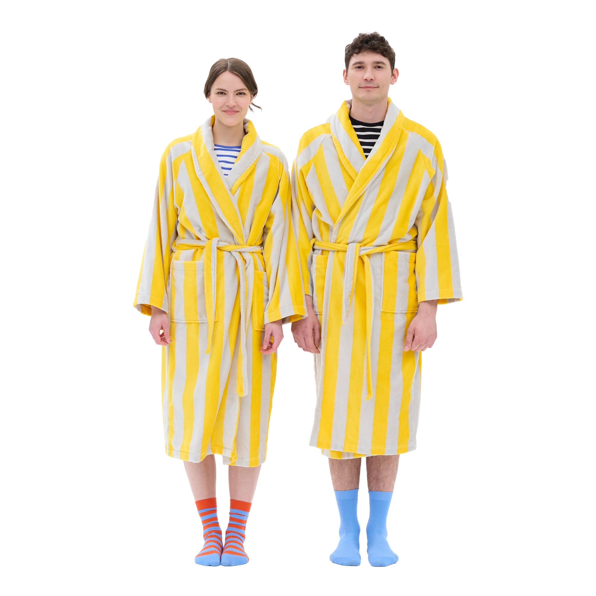 RATIA Unisex Striped Bathrobe in warm yellow/light grey terry cotton blend with belt, raglan sleeves, and pockets. Scandinavian unisex bathrobe, available in S/M and L/XL, made in Portugal.