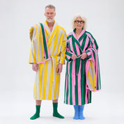 RATIA Bathrobes and Double-Sided Towels with green, pink, and yellow stripes, 100% cotton.