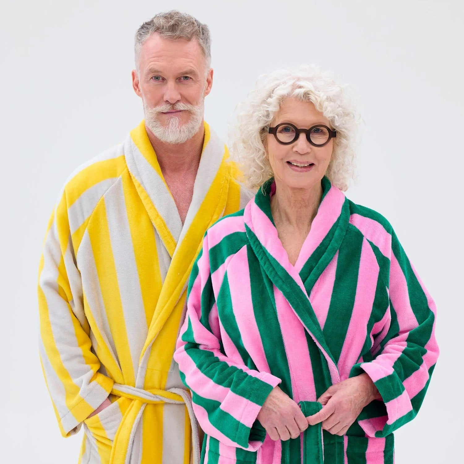 RATIA Unisex Striped Bathrobe in cotton terry blend with belt, raglan sleeves, and pockets. Scandinavian unisex bathrobe in S/M and L/XL, made in Portugal.