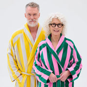 RATIA Unisex Striped Bathrobe in cotton terry blend with belt, raglan sleeves, and pockets. Scandinavian unisex bathrobe in S/M and L/XL, made in Portugal.