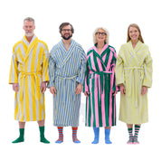 RATIA Unisex Striped Bathrobes in cotton terry blend with belt, raglan sleeves, and pockets. Scandinavian unisex bathrobe in S/M and L/XL, made in Portugal.