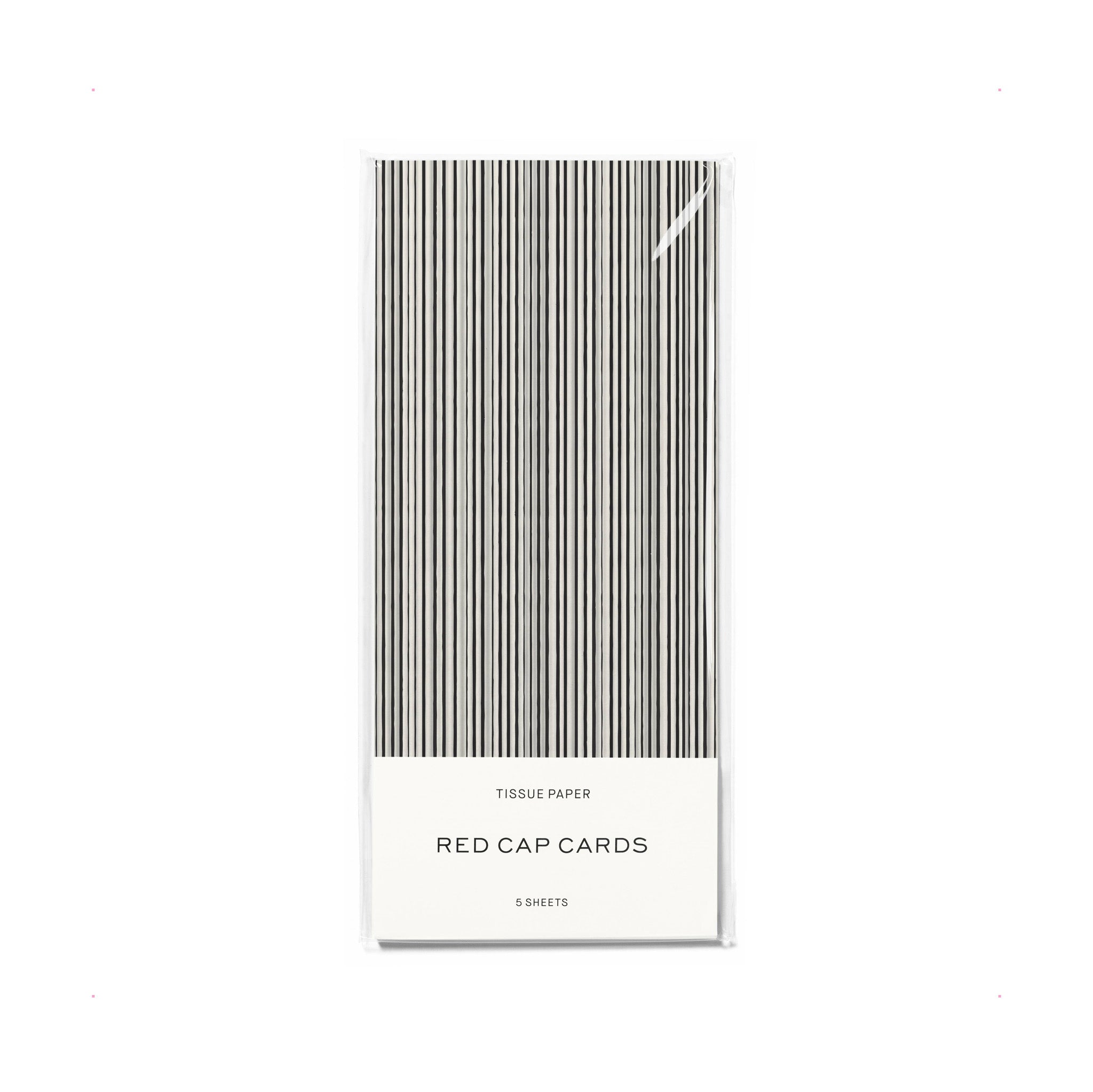 Red Cap Cards Black Stripe Tissue Paper, illustrated by Dylan Mierzwinski. Set of 5 black and white striped tissue sheets, 20 × 30 inches, 17 gsm.