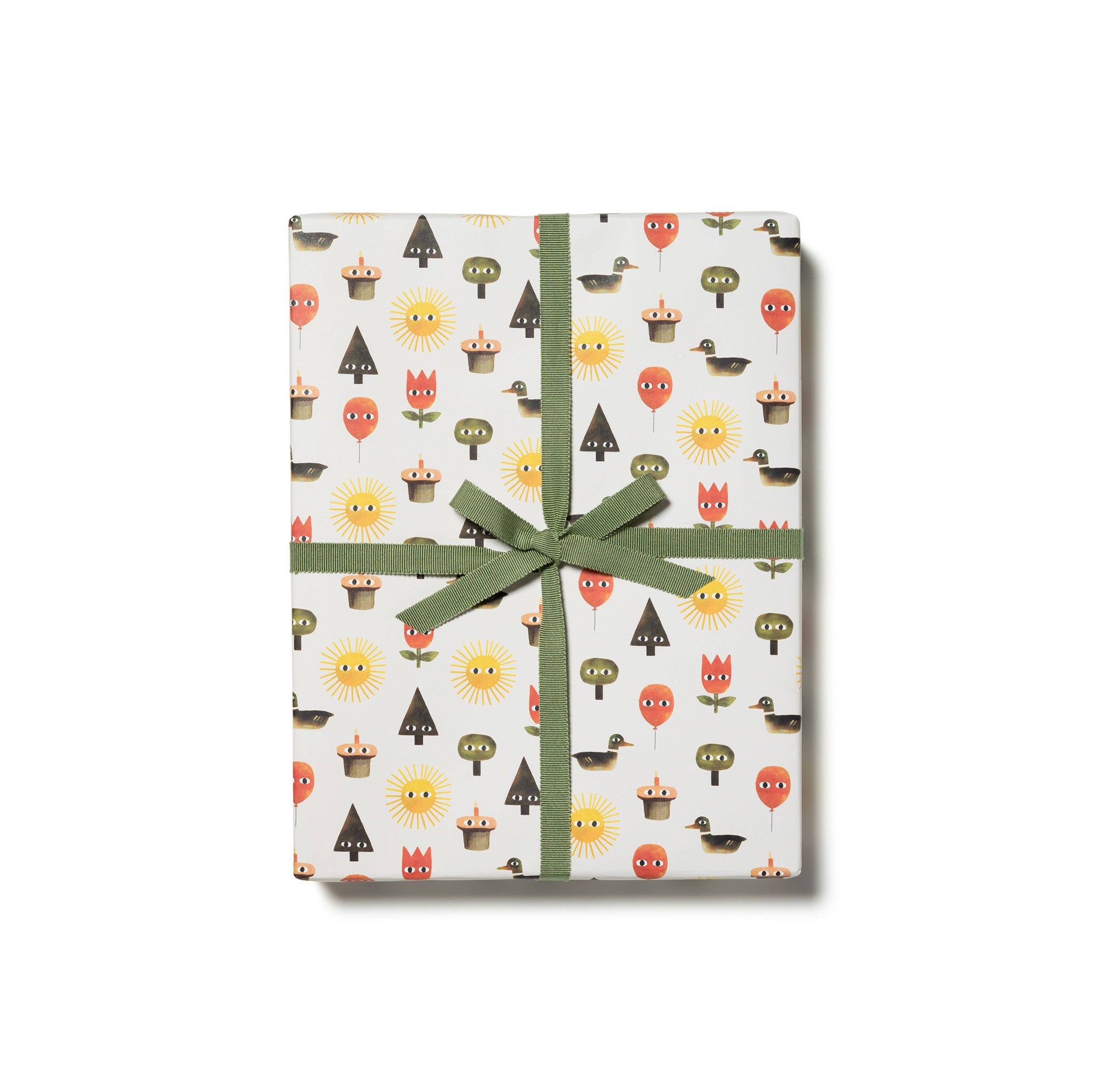 Red Cap Cards For You Gift Wrap, illustrated by Jon Klassen. Gift wrap with quirky trees, flowers, and balloons with eyes. Recycled paper, set of 3 rolled sheets, 19 × 27 inches.