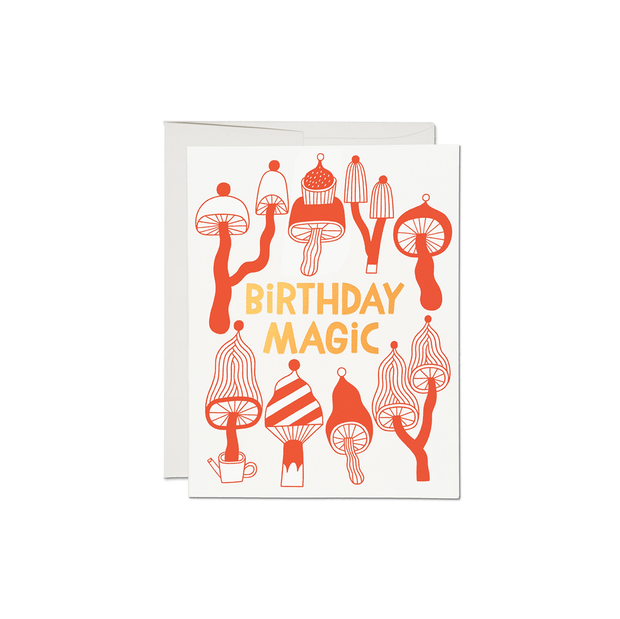 Red Cap Cards Birthday Magic Card featuring playful orange mushrooms and bold yellow “Birthday Magic” lettering.